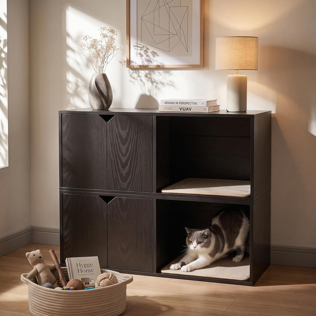 35.83" Modern Black Cat House Hidden Litter Box Enclosure with Scratch Pad