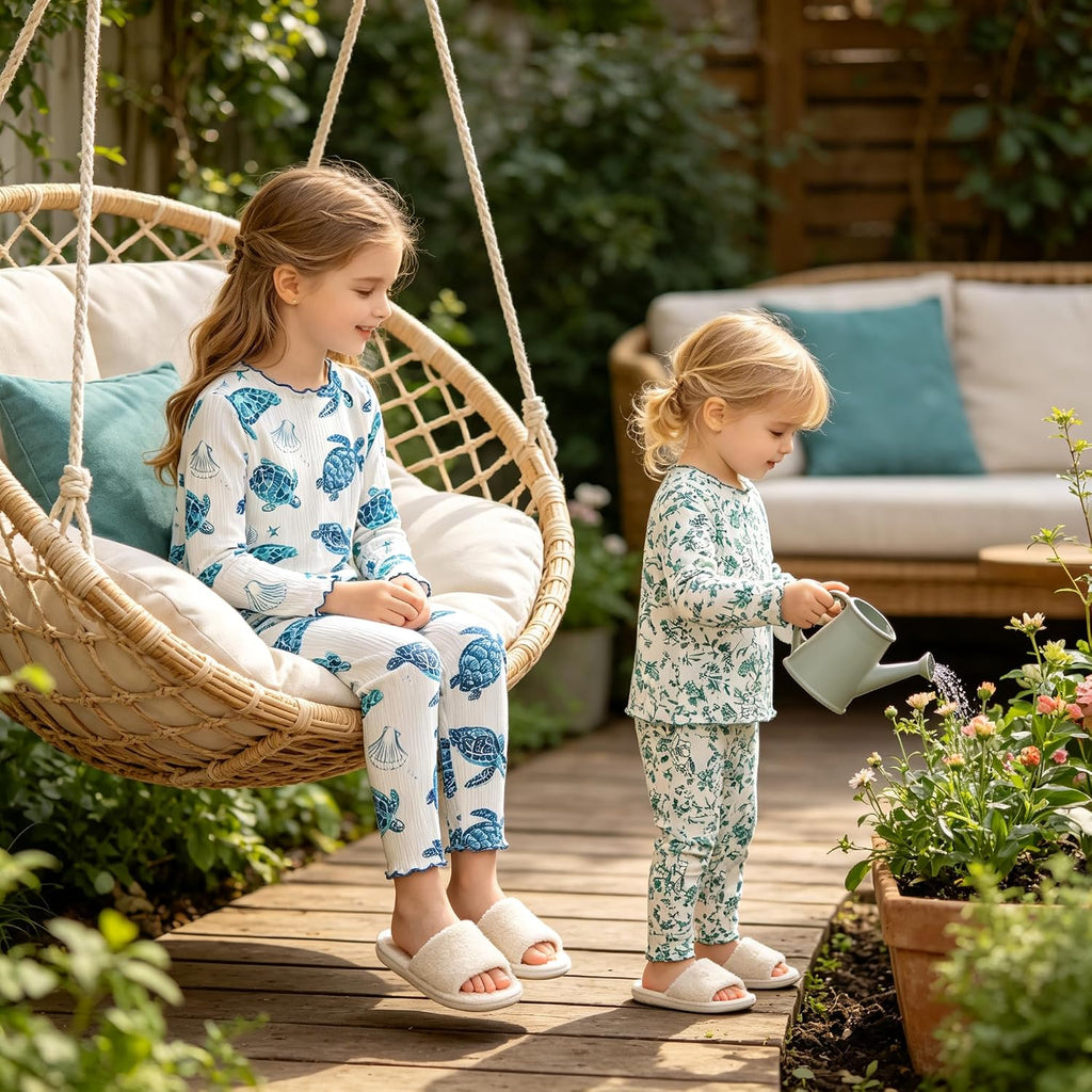 Toddler Girl 4 Piece Pajamas Sets, Snug Fit Lettuce Trim Printed Sleepwear