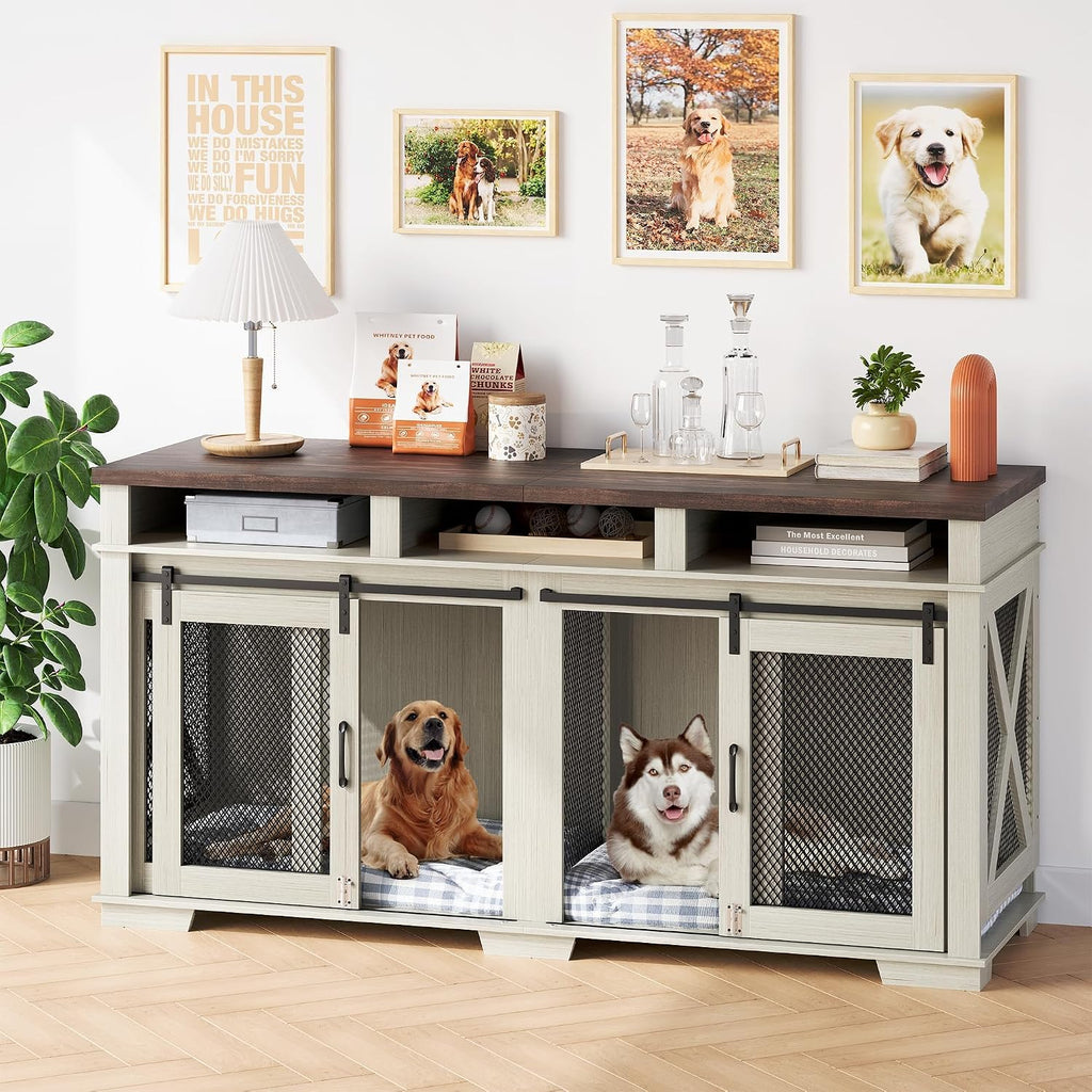 71" Dog Crate Furniture for 2 Dogs, Dog Kennel with 3 Storage Drawers & Removable Divider, Extra Large Double Dog