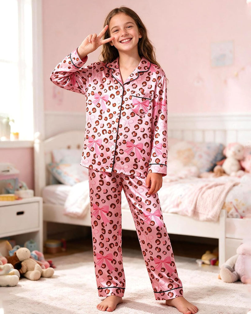 Girls Silk Pajamas Cute Pjs Sets Satin Girls' Long Sleeve Sleepwear for Kids Button Down Soft Loungewear