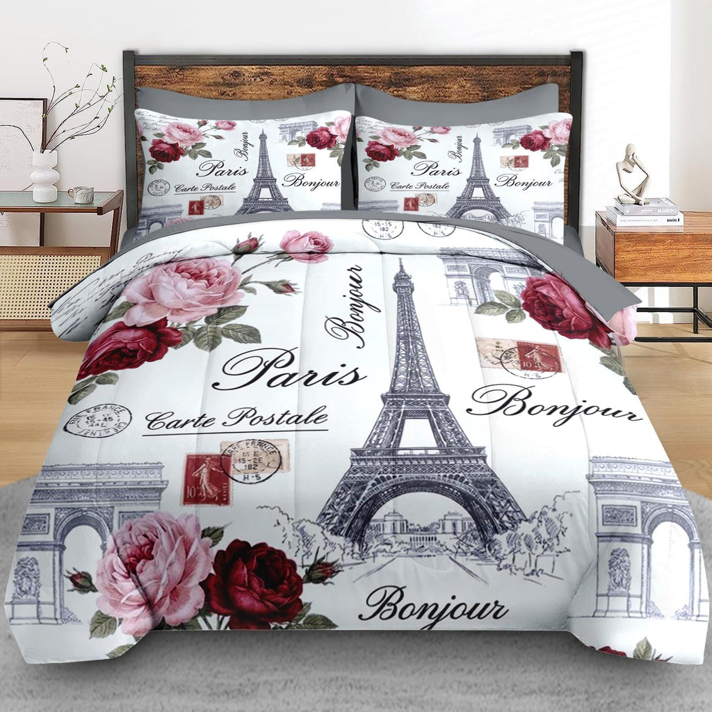 King Comforter Set with Sheets, 7 Pieces Paris Vintage Bedding