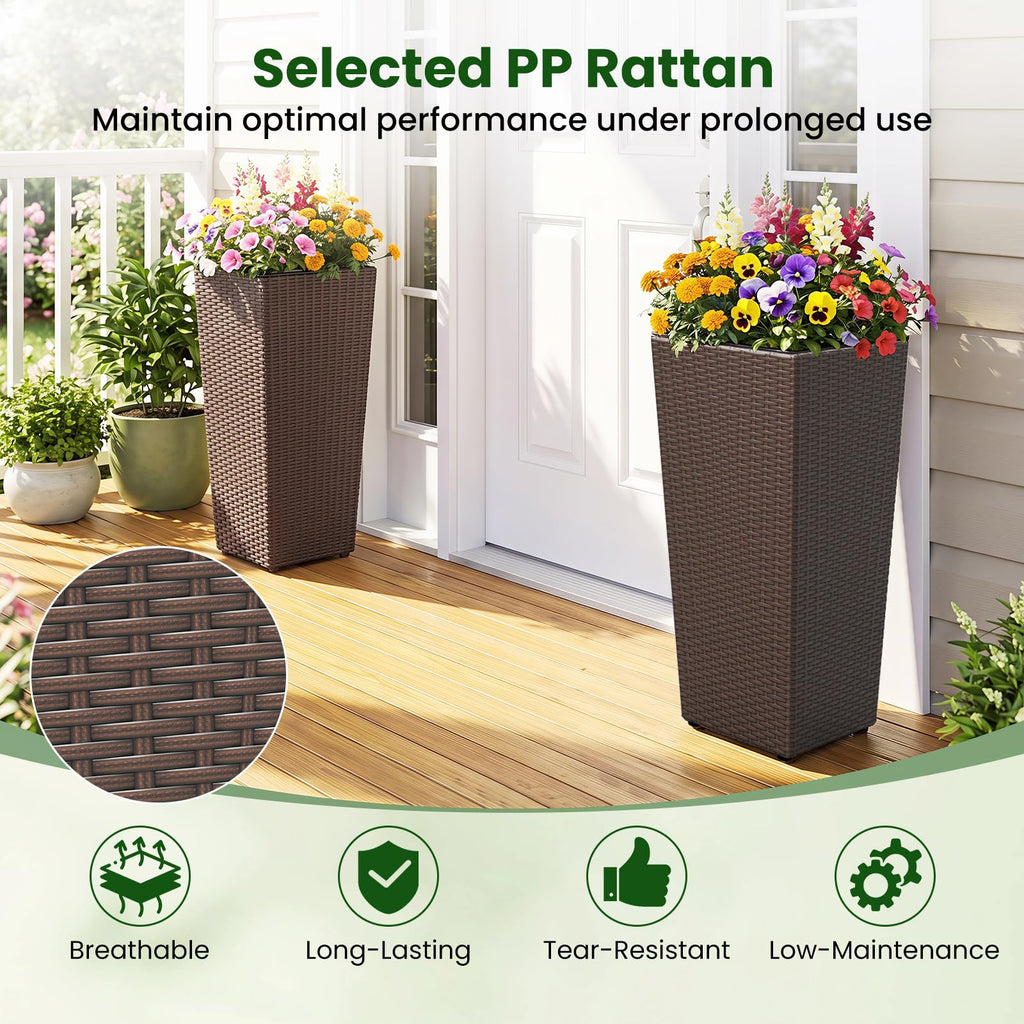 Tall Planters Set of 2, 24"H Tapered Rattan Planter, Brown