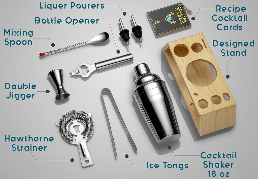 Bartender Kit with Bamboo Stand - Cocktail Shaker Set and Bar Accessories Bar, Drink Mixing, and Mixology Kit - Set of 10