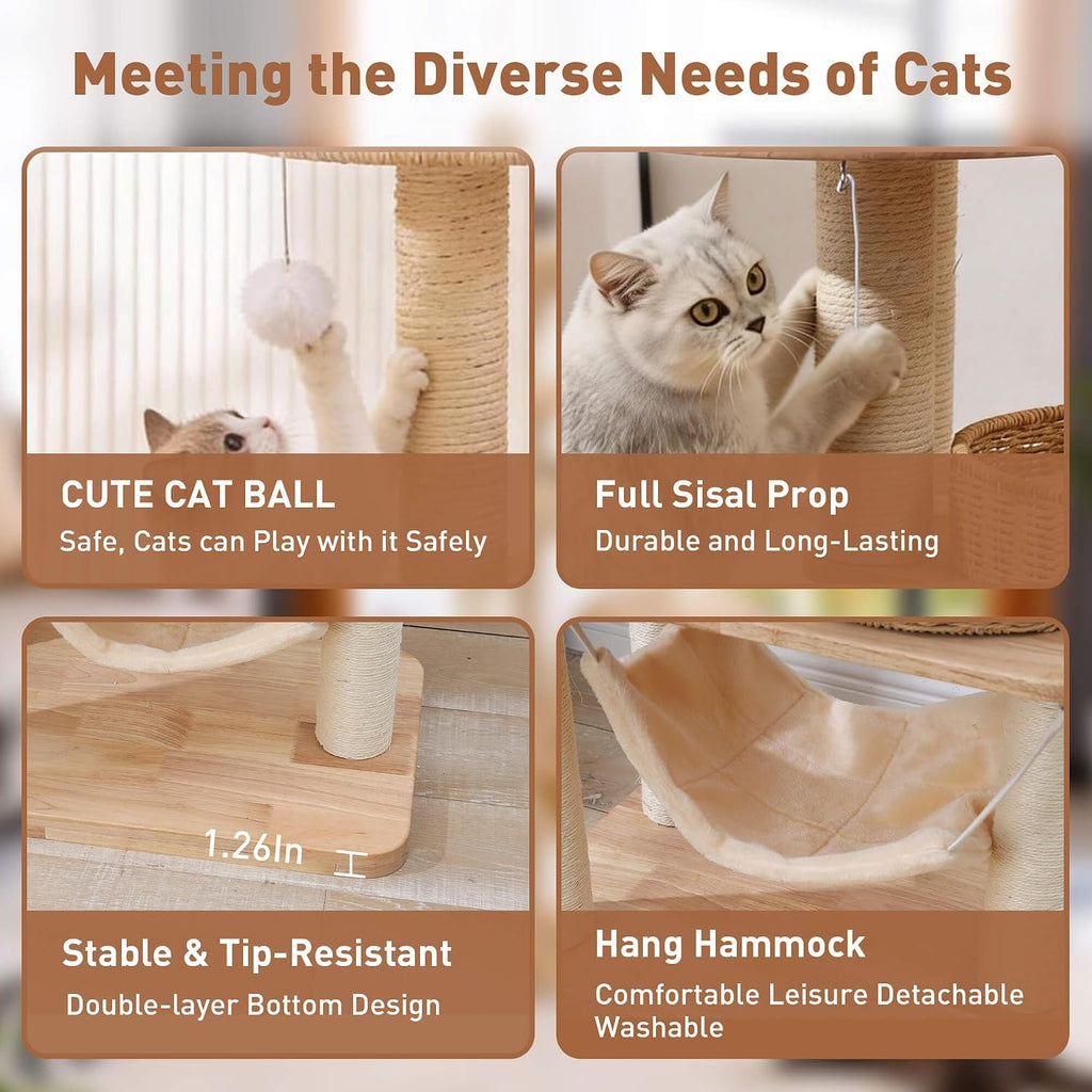 Wooden Cat Tree for Large Indoor Cats, 55in Modern Tall Cat Tower