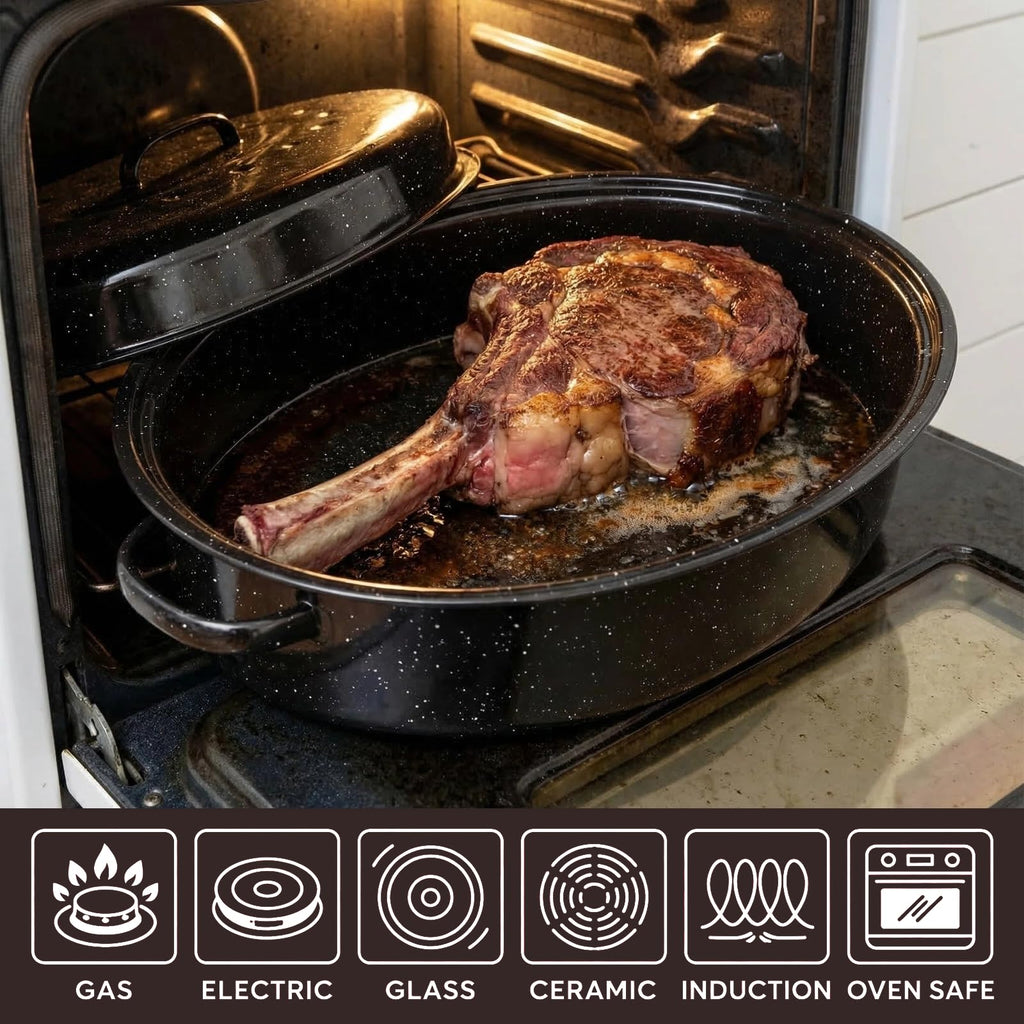 15"Oval Roasting Pan With Lid Small Chicken Roaster, With 13.7in Inner Diameter Enamel Steel Roasting Pot Suitable for