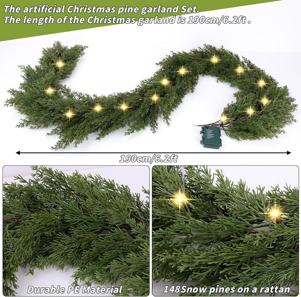 6.2 FT Prelit Christmas Cedar Garland 2 PCS, Realistic Artificial Pine Needle Faux Cypress Greenery with 20 Lights
