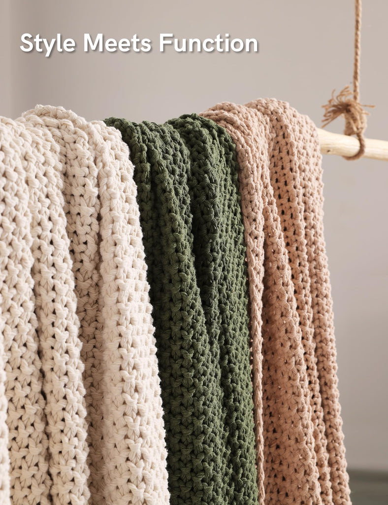 Chunky Cotton Knit Throw Blanket, Cable Knit Throws for Bed Couch Sofa, Comfy & Relaxing, Decorative Piece for