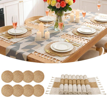 Placemats Set of 8 - Rattan Round Place Mats & 11.8" x 17" Cotton Braided Placemat for Dining Table Setting, Rustic