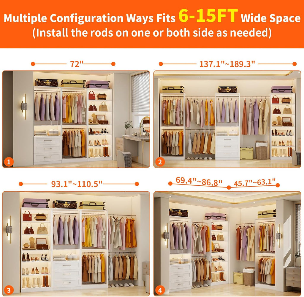 Closet System of 3 Sets, 6-15FT Closet Organizer System Wood with 3 Drawers & 7 Shelves, Walk in Closet Organizer