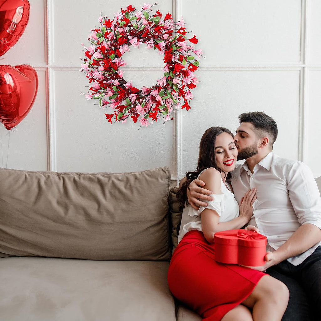20in Valentine's Day Wreath Artificial Pink Red Forsythia Spring Summer Fake Silk Wreath with Heart Berries Green