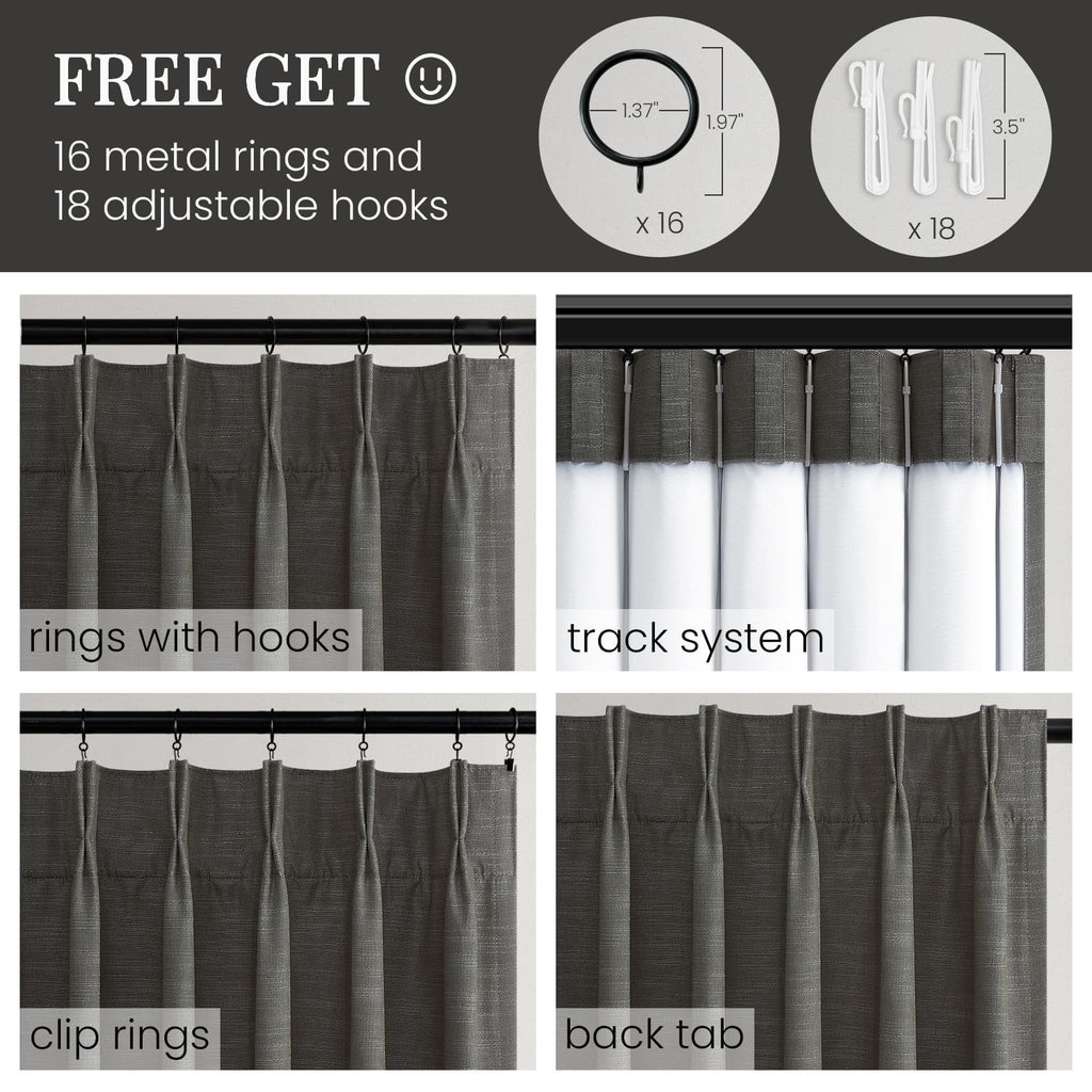 96 Inch Linen Pinch Pleated Full Blackout Curtains Carbon Grey