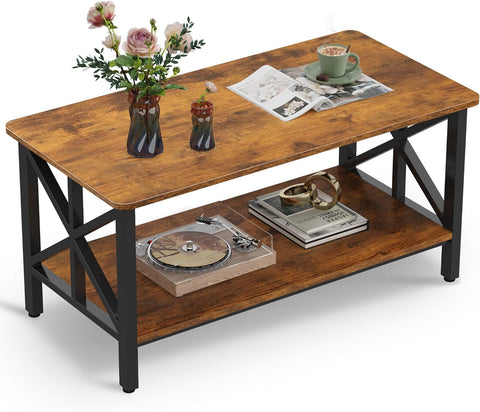 Coffee Table, 39" Modern 2-Tier Center Table with Round Corners, Storage Shelf