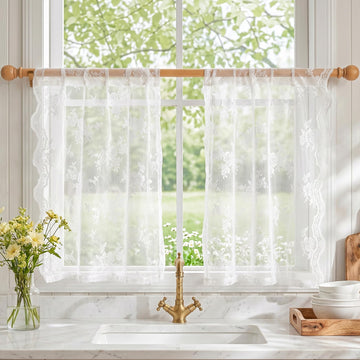 White Lace Tier Curtains 36 Inch Length for Cafe Over Sink
