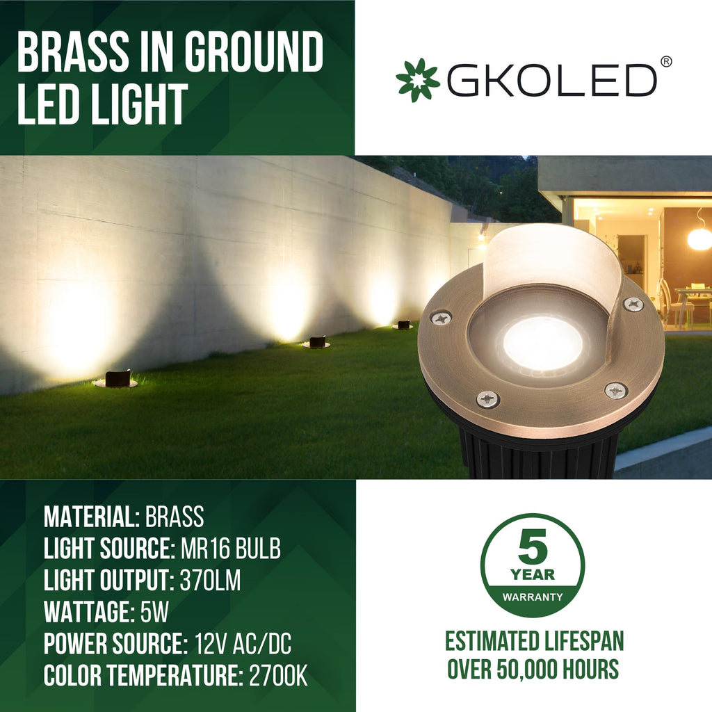 LED Brass Well Lights, 12V IP67 Waterproof Outdoor In Ground Light with MR16 Bulb and Swival Base, Low Voltage