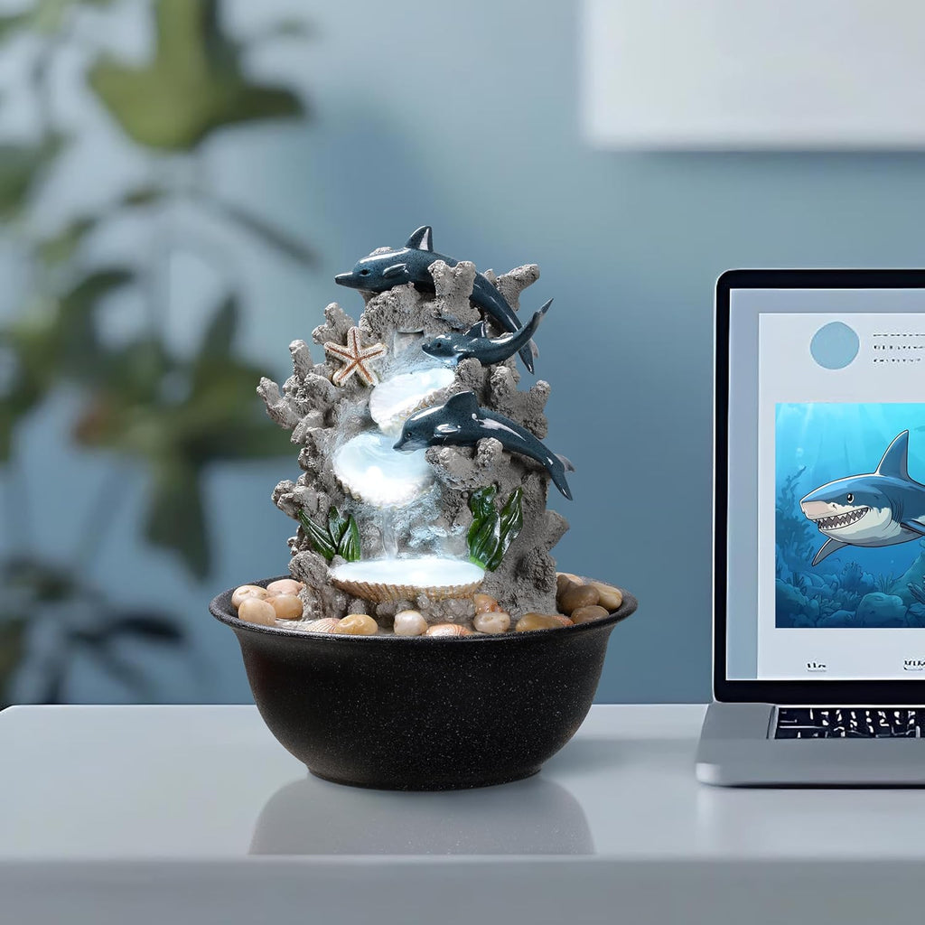 Indoor Tabletop Dolphin Water Fountain with LED Light - Ocean Theme Desk Decor and River Rocks, Relaxing Sound