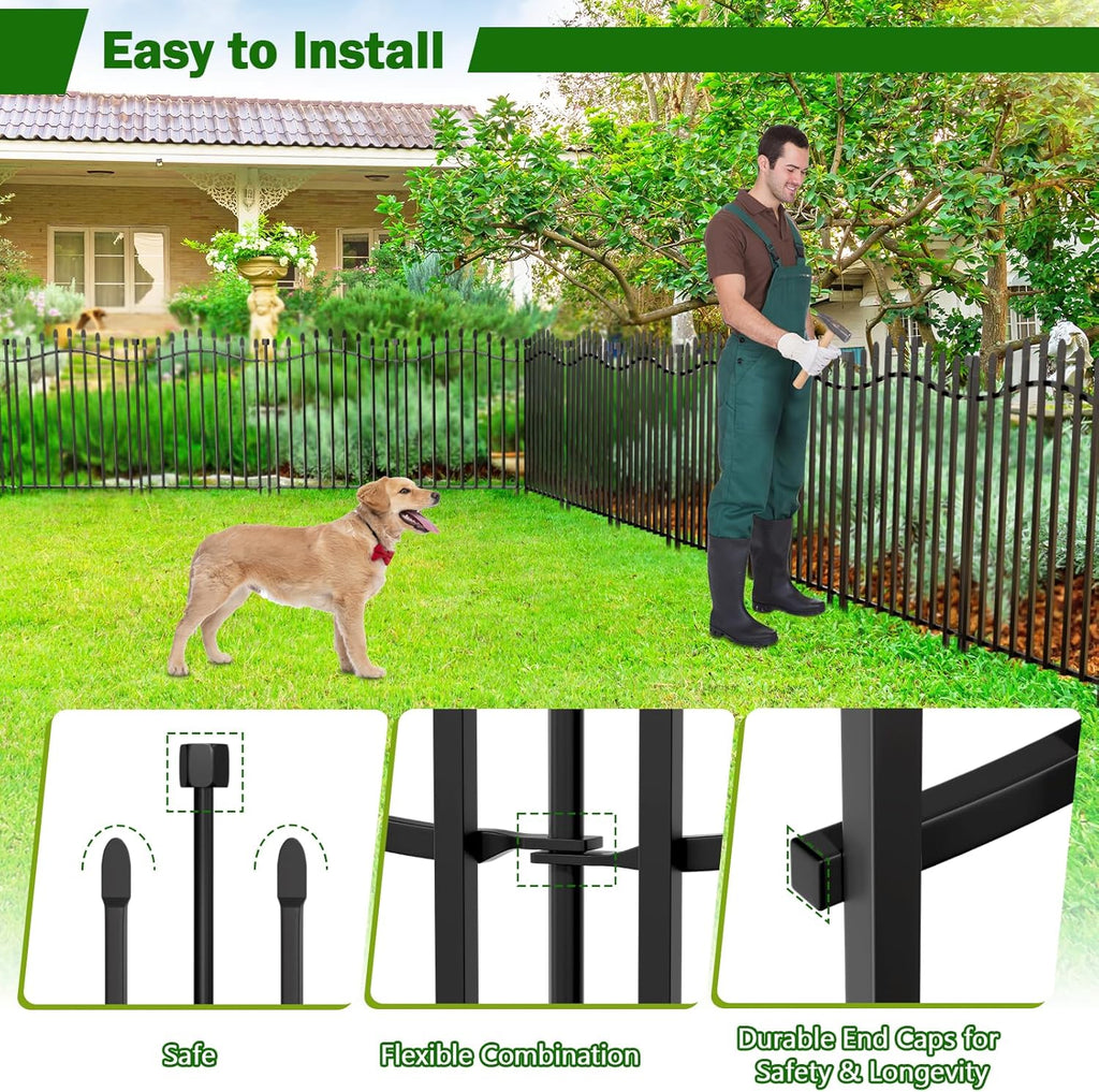 10 Panels No Dig Decorative Garden Fence with Gate - 32in H x 22.5ft L, Reinforced Square Tube Rustproof Tall Animal