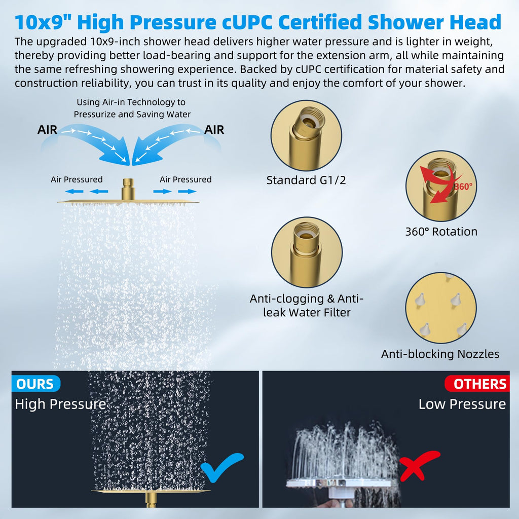 All Metal 10'' Rain Shower Head, 16'' Extension Arm, Brushed Gold