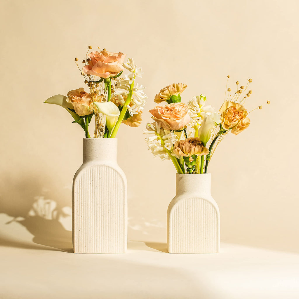 Ceramic Ribbed Vases - 2 Piece Set, Small and Large Vase, Bottle Flower Planter Set. Scandi Style Home Decor. Neutral