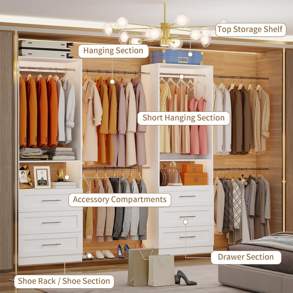 Closet System with 6 Drawers, 4FT-15FT 2-Piece Closet System, Walk in Closet Organizer System, Modular Closet System