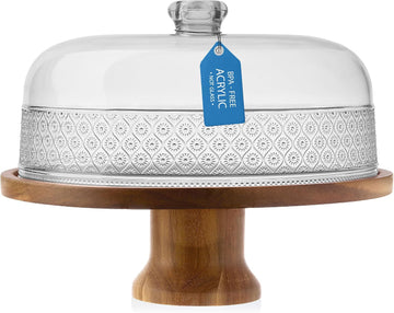 Cake Stand, Footed Cake Plate with Dome, Acacia Wood and Shaterproof Acrylic Lid, Wood Cake Stand with Dome Vintage