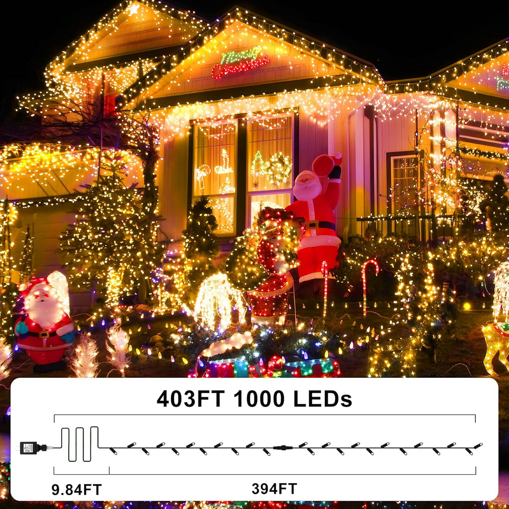 403FT 1000 LED Christmas Lights Outdoor String Lights 8 Modes & Timer Fairy Light Plug in Waterproof LED String
