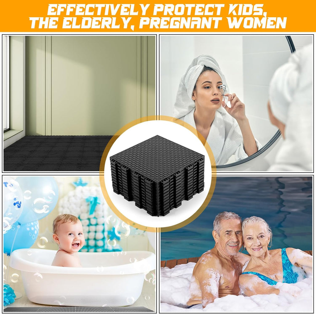 50 Pack Drainage Mats Interlocking Rubber Floor Tiles 10" x 10" Non Slip Rubber Floor Tiles Outdoor Pool Deck Mats
