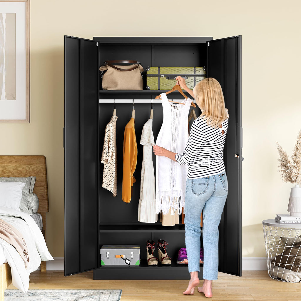 Metal Wardrobe Cabinet with Hanging Rod & Lock, Black Armoire Wardrobe Closet, Metal Clothing Storage Cabinet with