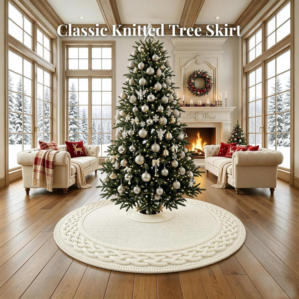 60 Inch Christmas Tree Skirt, Extra Large Chunky Knitted Tree Skirt with Bow Tie Closure, Cream Vintage Tree Skirts