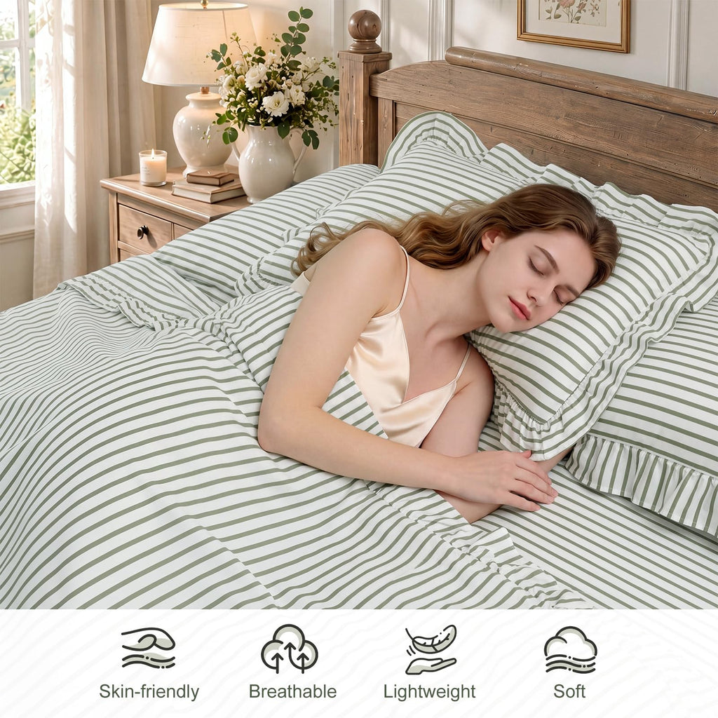 Sage Green Striped Ruffle Sheets Set, Farmhouse Cottage
