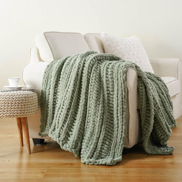 Chunky Knit Throw Blanket for Couch, 50"x60", Sage Green