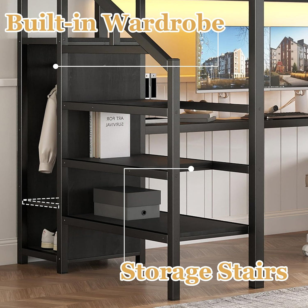 Full Metal Loft Bed with L Shaped Desk and Wardrobe, Heavy Duty Loft Bed Frame with Storage Stairs