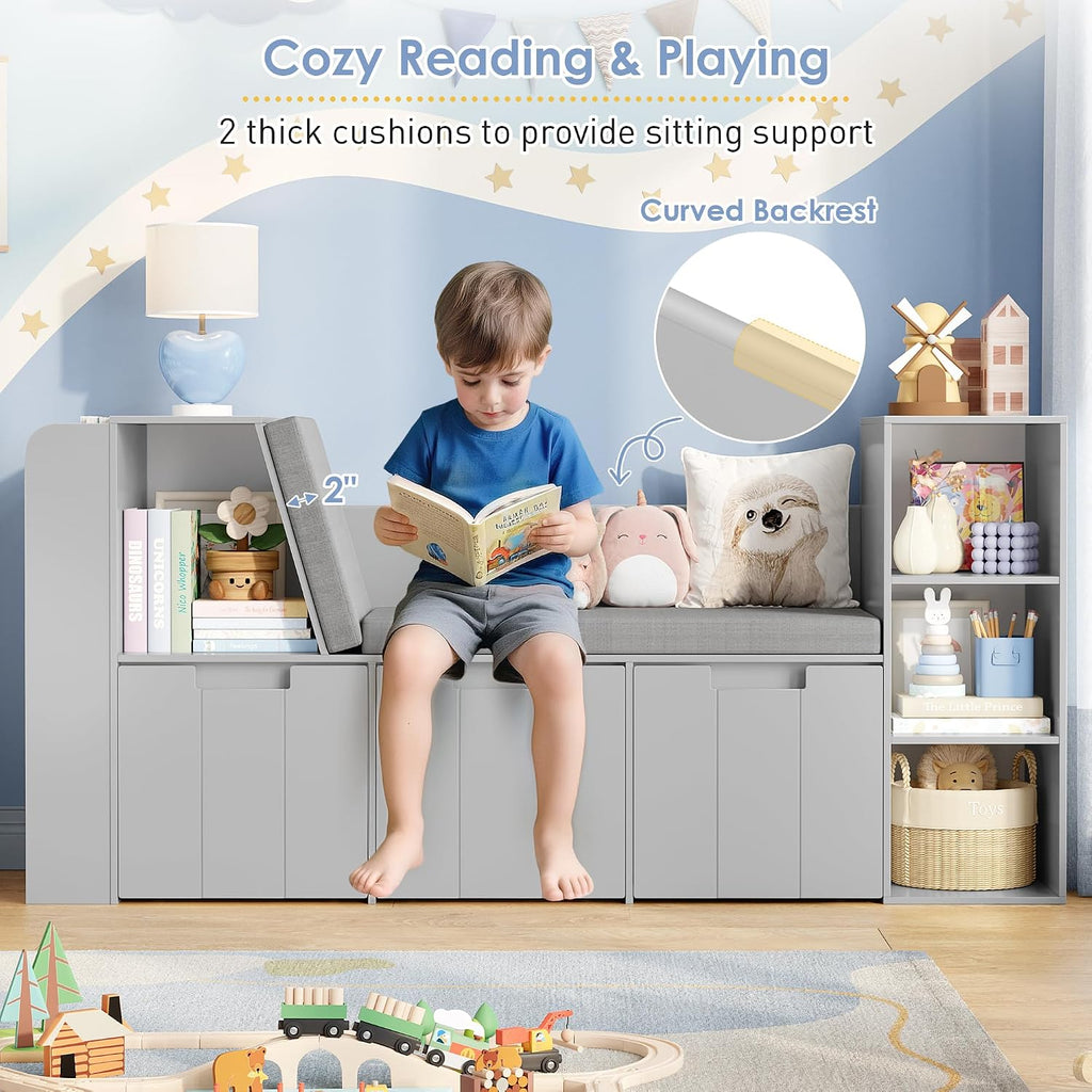 61.5" Kids Reading Nook with 3-Layer Bookshelf, Reading Nook for Kids with Double Bench and Rolling Drawers