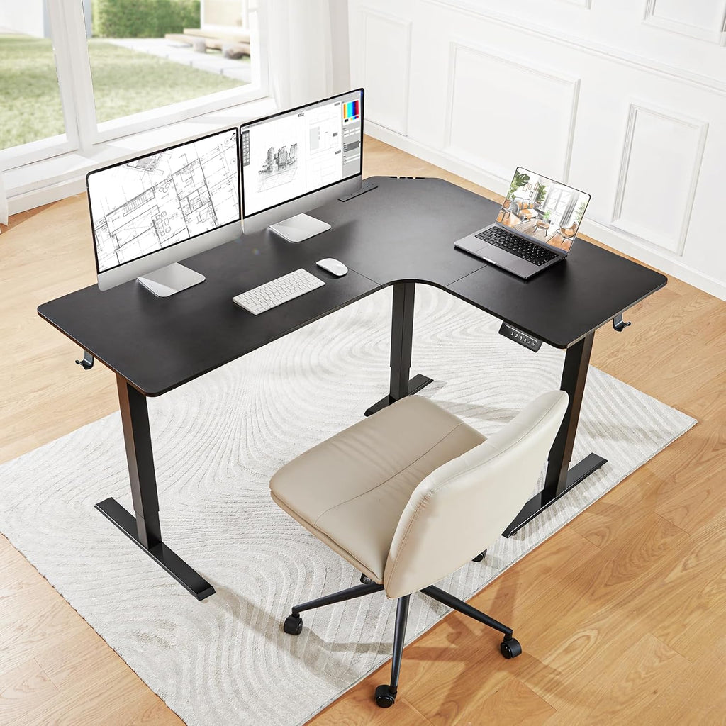 63′′ L-Shaped Standing Desk, Built-in Power Outlets, Black | 3 Memory Presets, Sturdy Steel Frame, 220 lbs Capacity