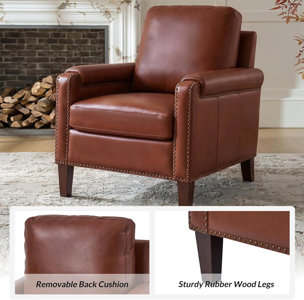 Genuine Leather Accent Chair with Solid Wood Legs, Brown