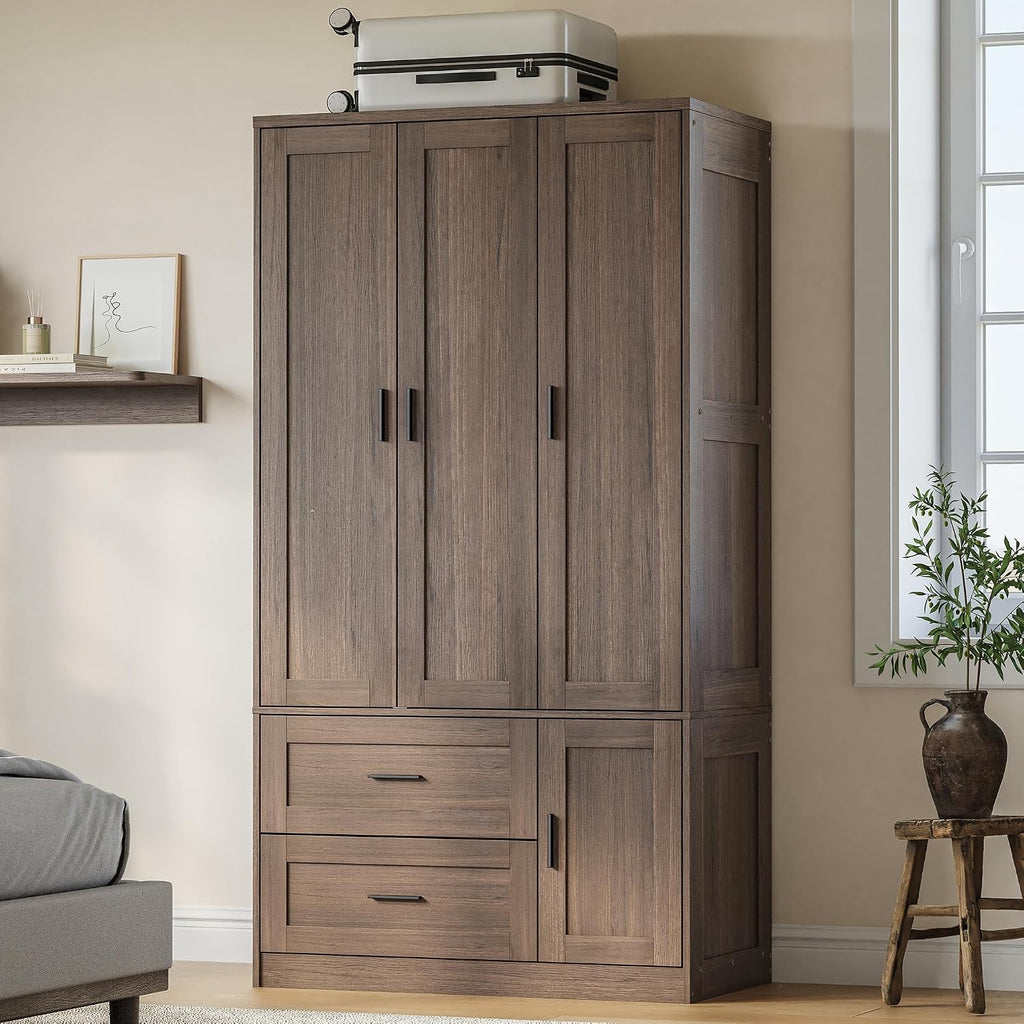 70.6 Inch Armoire Wardrobe Closet with Drawers (Dark Walnut) | Freestanding engineered wood armoire with a hanging