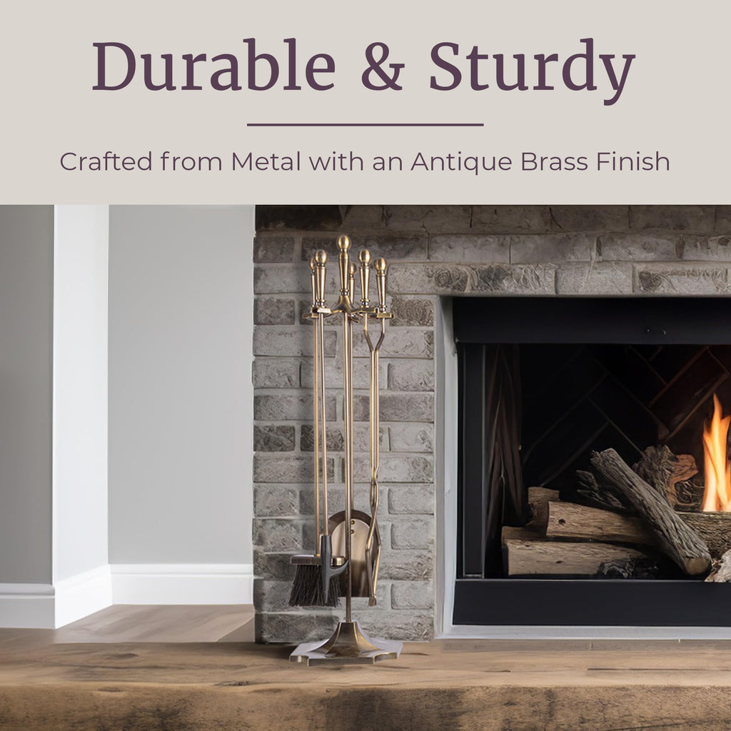 Fireplace Tools Set Indoor Outdoor, Antique Brass, 5-Piece-Set
