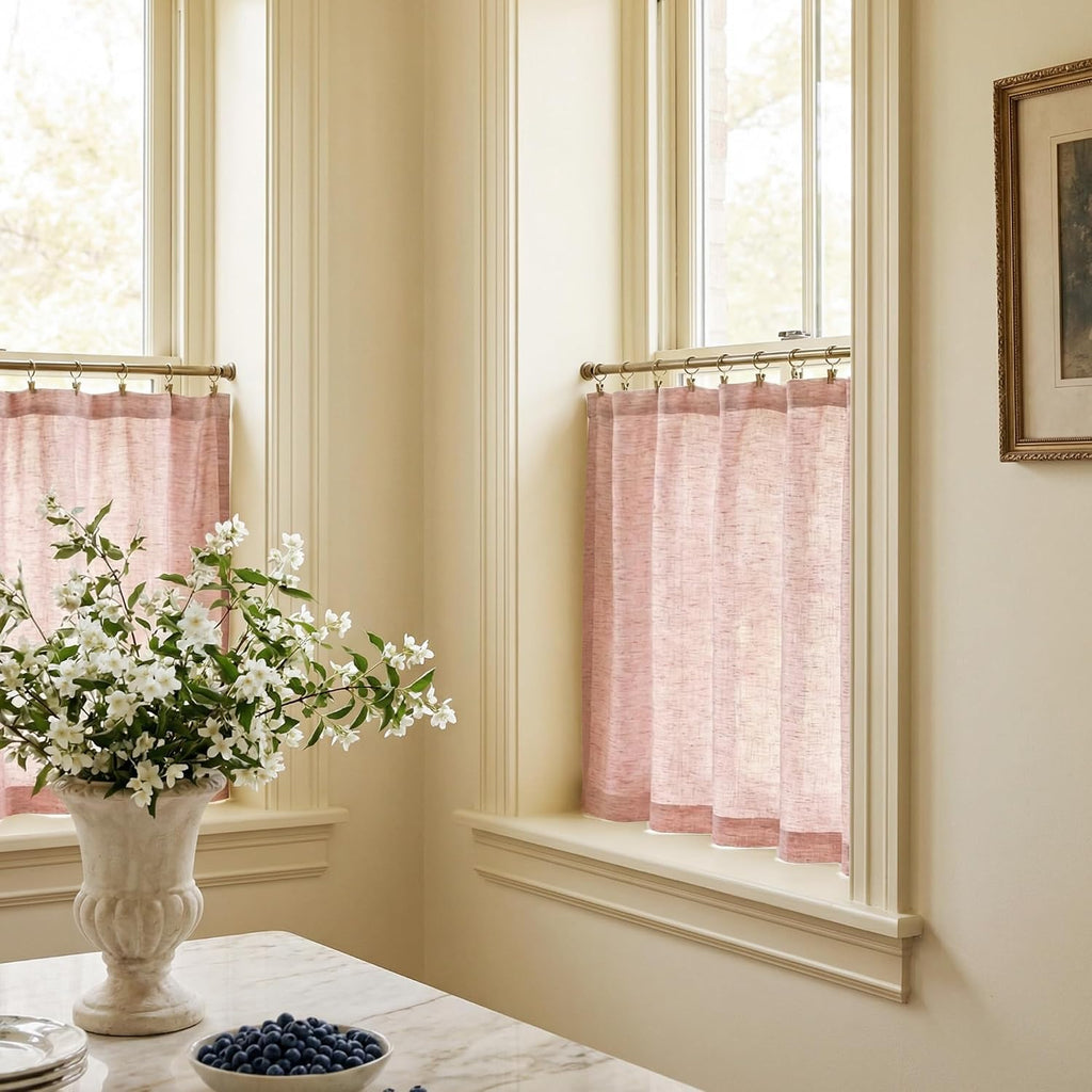 Pink Cafe Curtains for Girls Room, Rod Pocket & Back Tab Light Filtering Faux Linen Short Window Drapes Semi Sheer