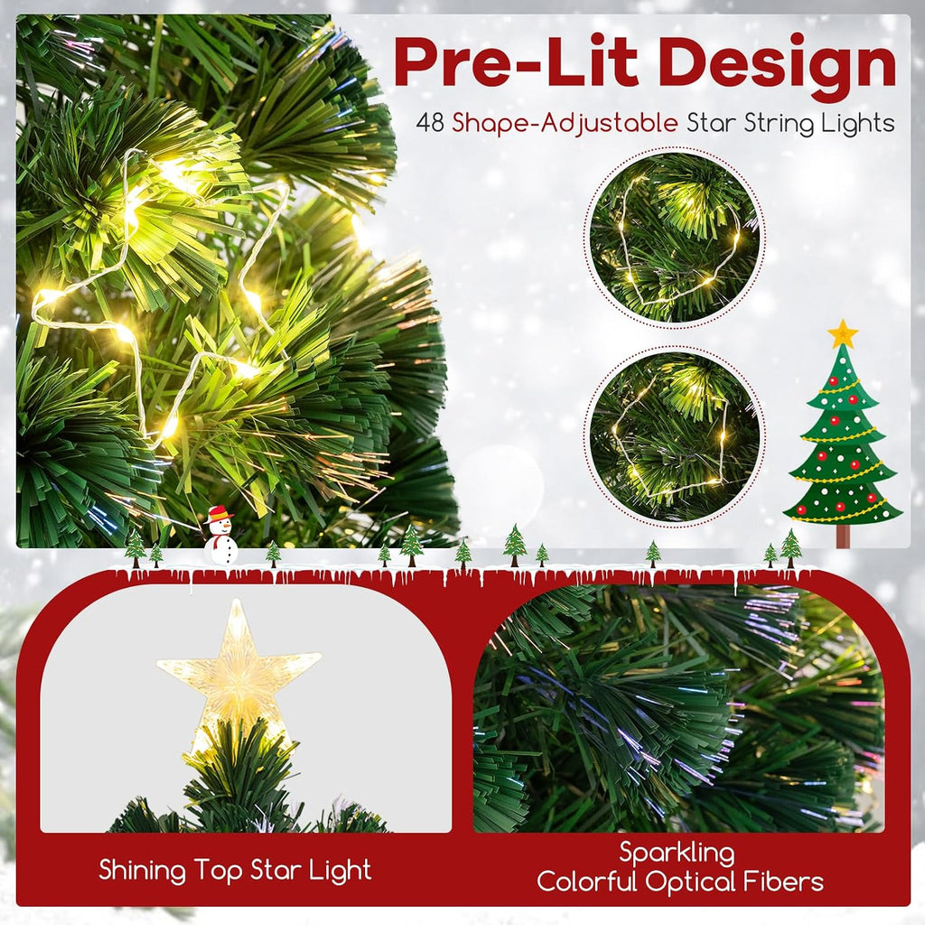 7ft Pre-Lit Fiber Optic Christmas Tree, Artificial Lighted Xmas Tree with 48 Warm-White Shape-Adjustable Star String