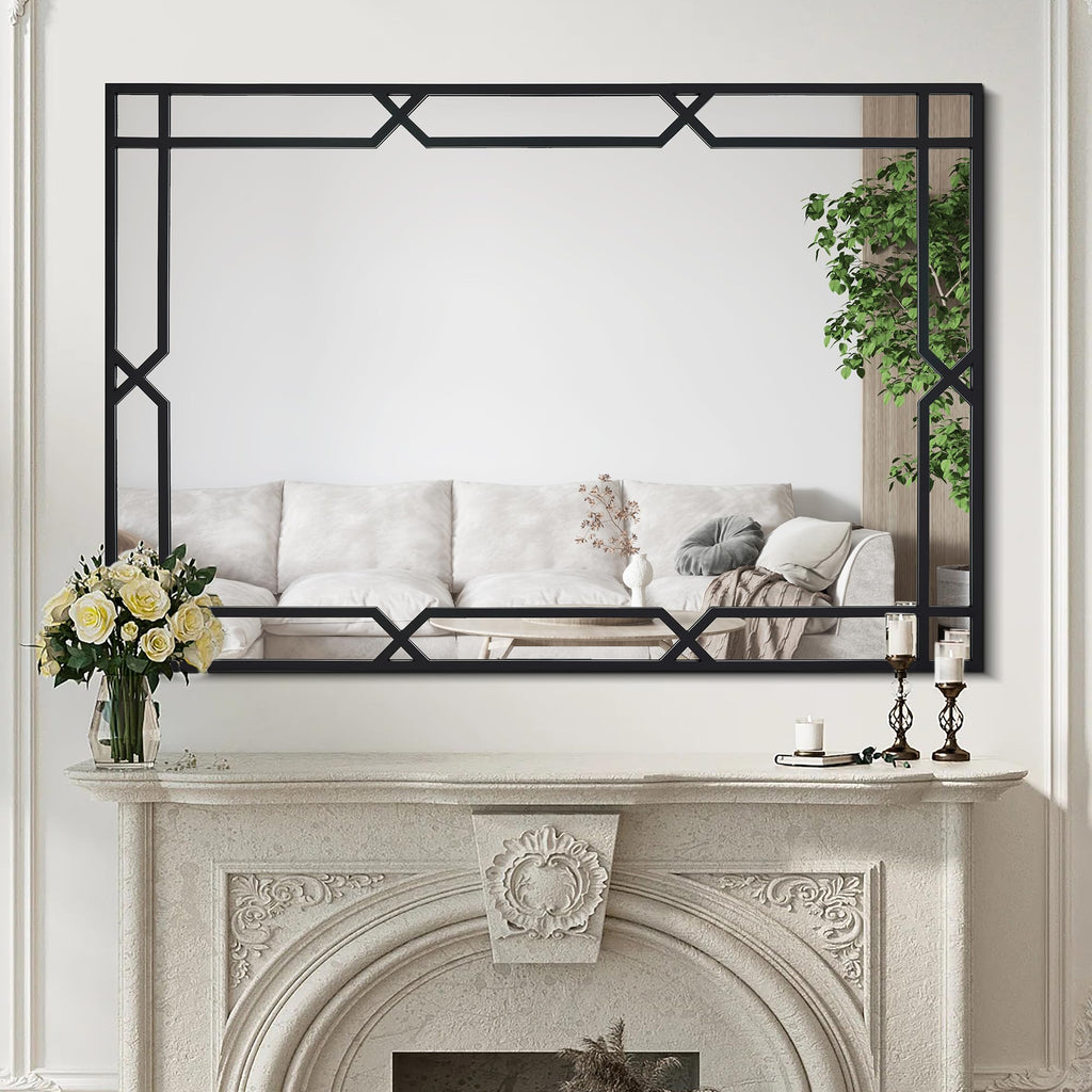 47"x32" Black Mirror for Wall Decor, Large Rectangular Decorative Mirror with Matte Black Metal Pipe Frame Living
