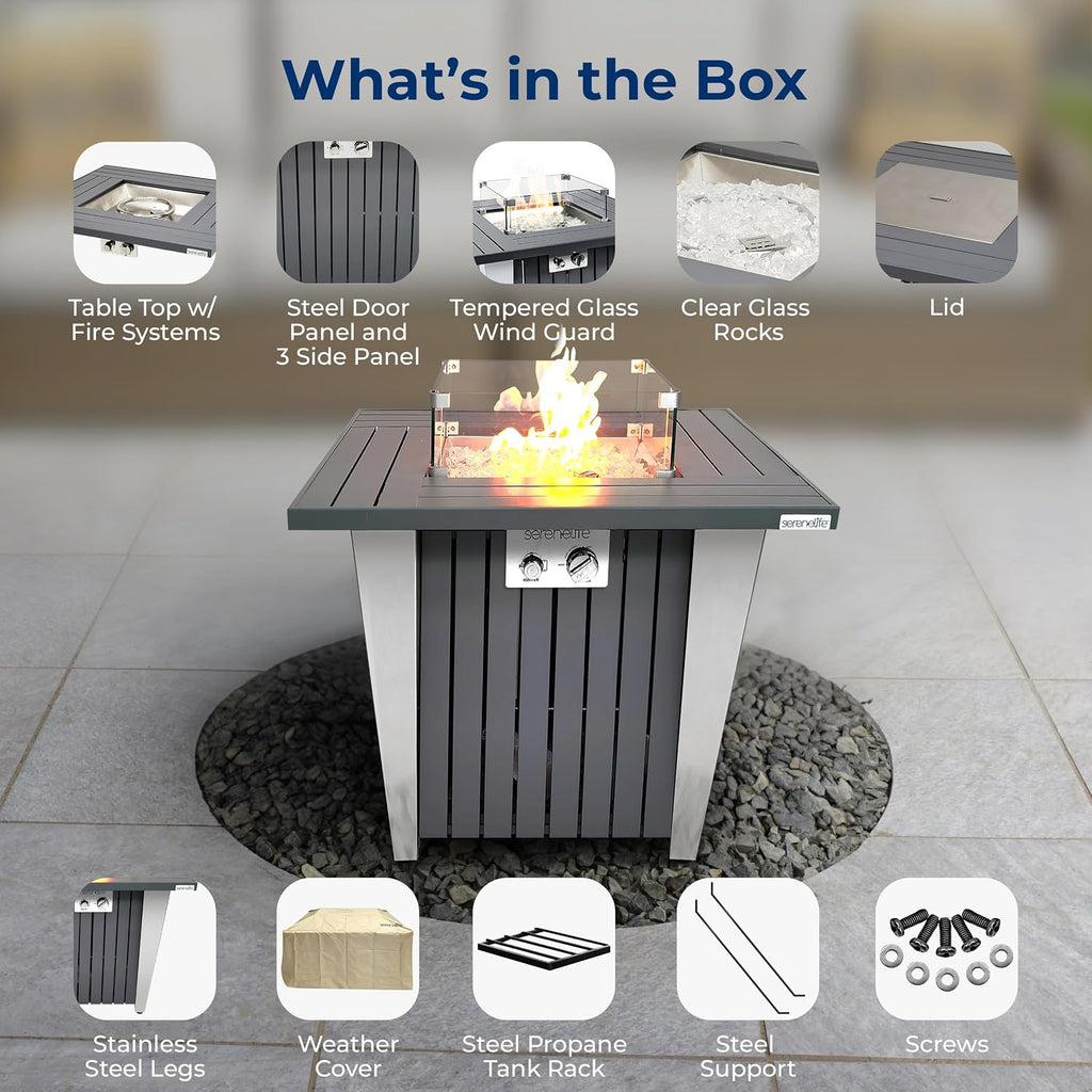 Propane Fire Pit Table with Sturdy Metal, Gas Pits with 50,000 BTU and Stainless Steel Fire Pan, Includes Decorative