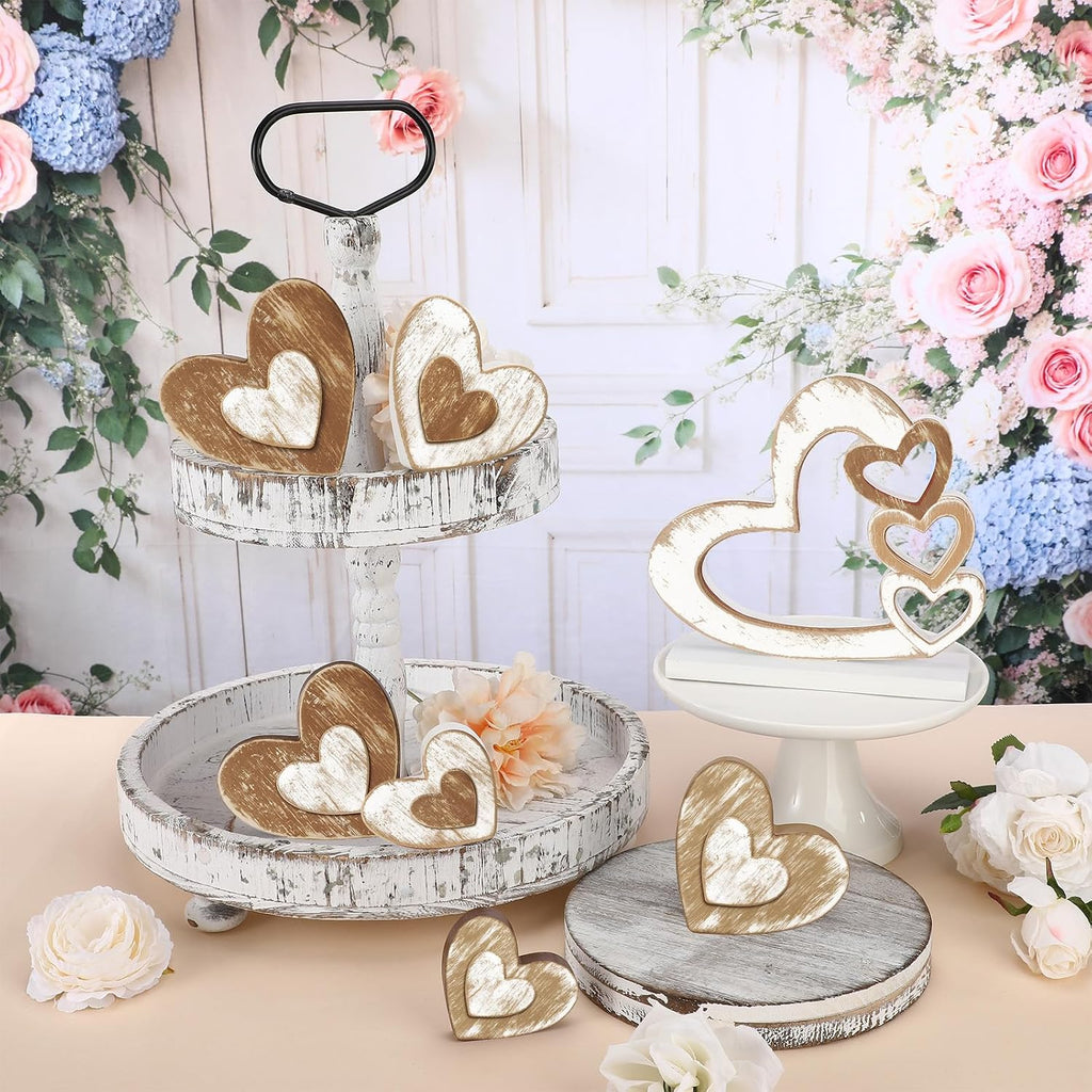 Valentines Day Decoration Wooden Heart Tiered Tray Decor Retro Valentines Day Hearts Blocks Sign Rustic - Set of 7