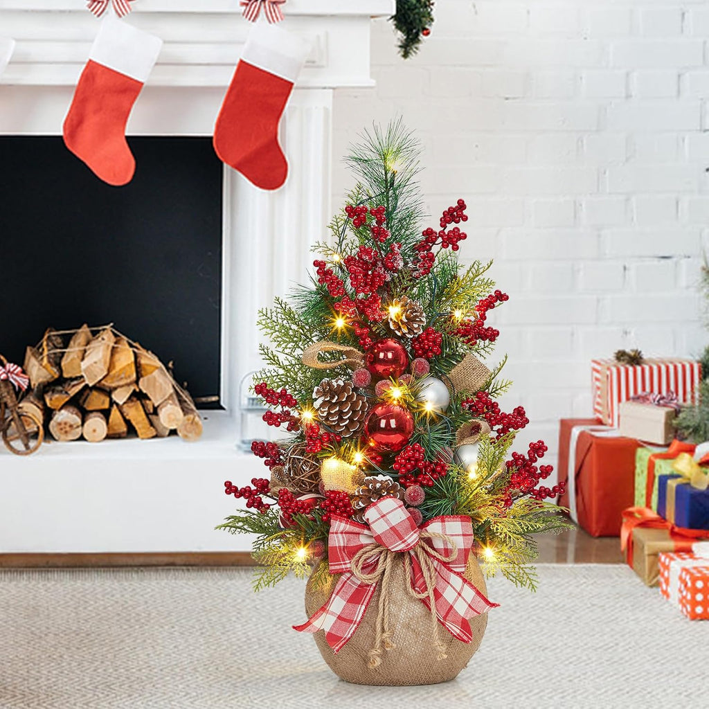 24" Pre-Lit Mini Christmas Tree with LED Lights - Battery Operated Tabletop Decor, Frosted Artificial Tree /Office