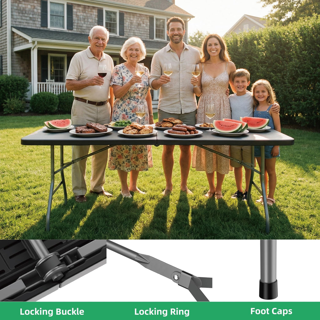 6Ft Folding Table for Indoor Outdoor, Fold-in-Half Portable Plastic Dining Table with Carrying Handle for Picnic