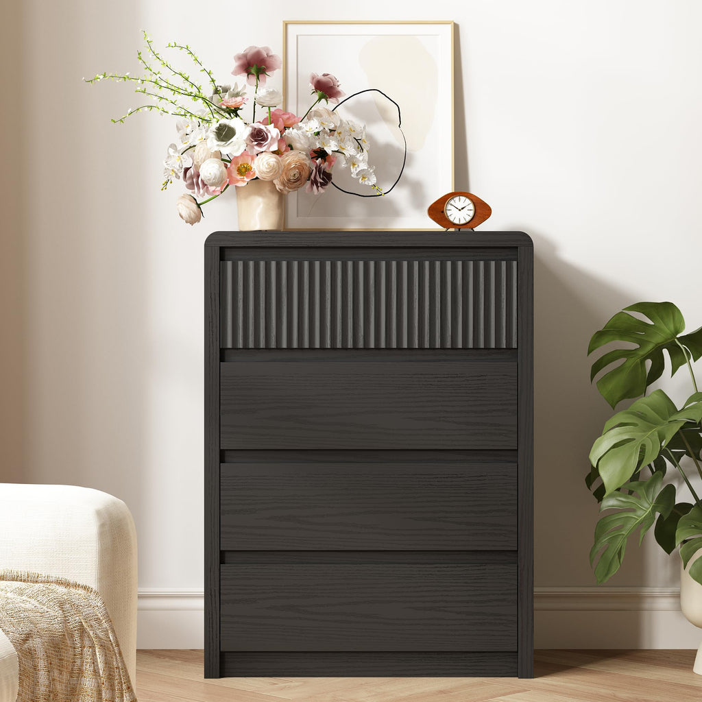 4 Drawer Dresser, 40" Tall Fluted Dresser with Curved Corners, Wood Dressers & Chests of Drawers with Dual-Panel