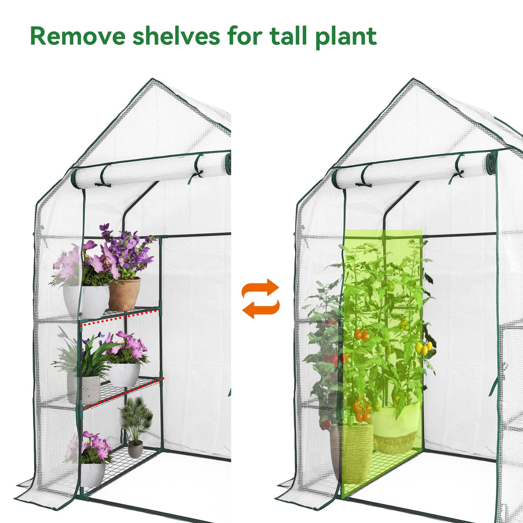 Walk in Greenhouse with 3 Tier 6 Shelves, 2 More Bottom Shelves Reinforced Plant House, Growhouse/Green House for