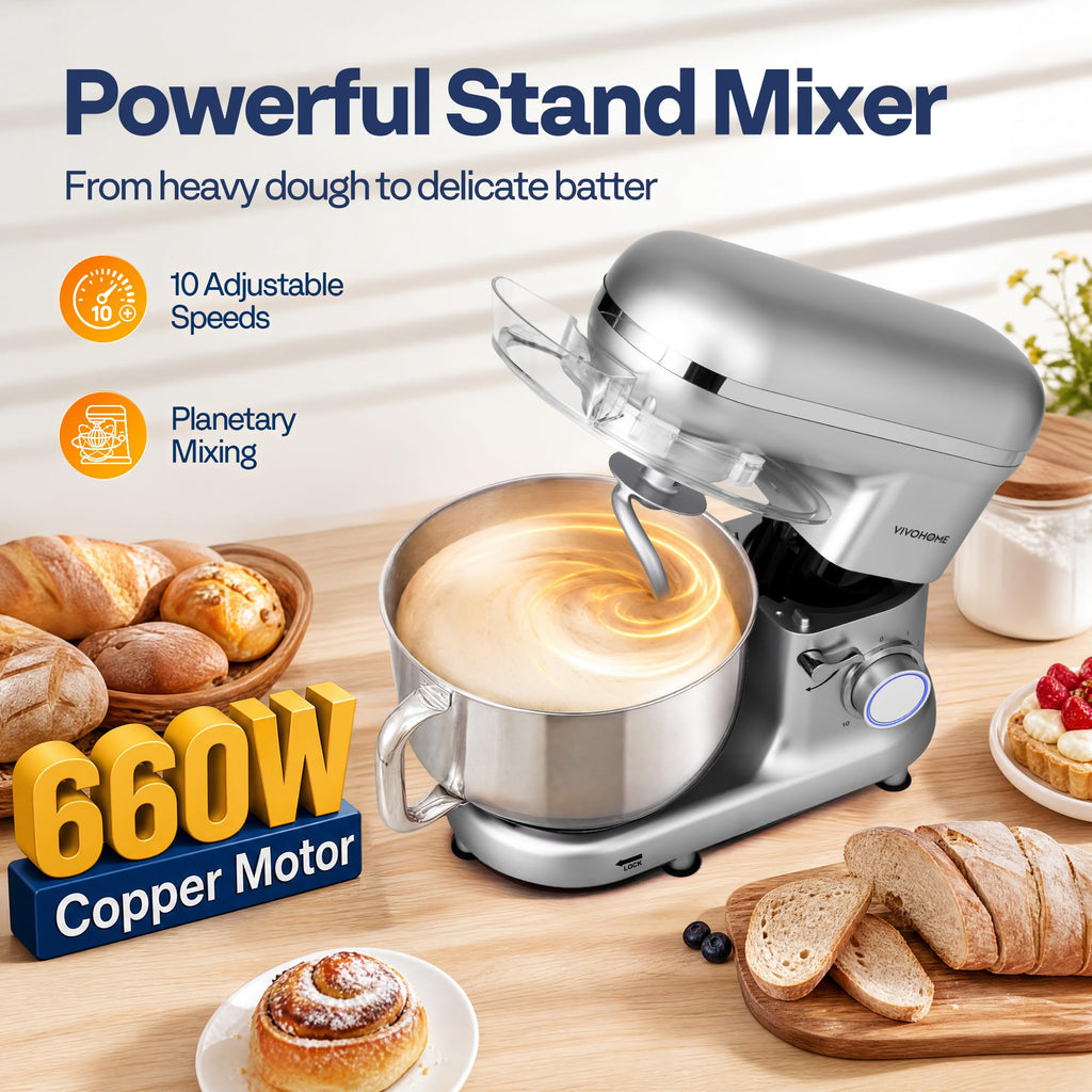 Stand Mixer, 6-Quart Tilt-Head Kitchen Mixer with Bowl, Silver