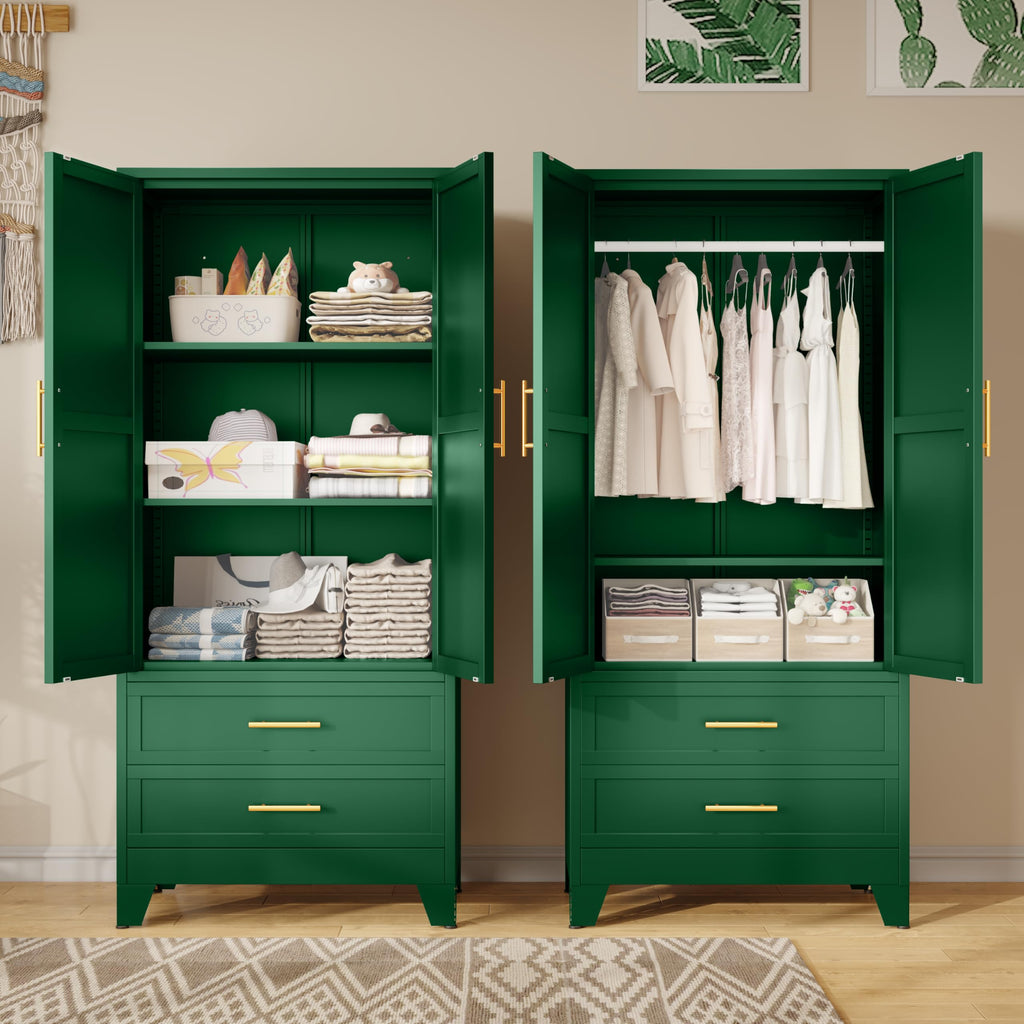Metal Armoire Wardrobe Closet with 2 Drawers, 71" Wardrobe Cabinet with Adjustable Shelves and Hanging Rod, Clothing