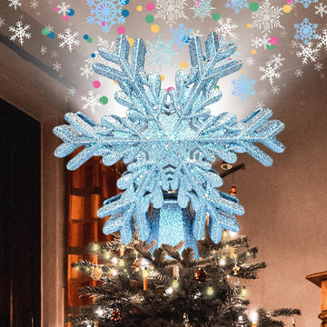 Tree Topper Lighted with Silver Snowflake Projector, Christmas Tree Topper Lighted, Led Rotating Magic Snowflake, 3D