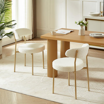 Beige Boucle Set of 2, Kitchen Dining Room Chairs Curved Backrest Upholstered Mid Century Modern Chairs with Golden