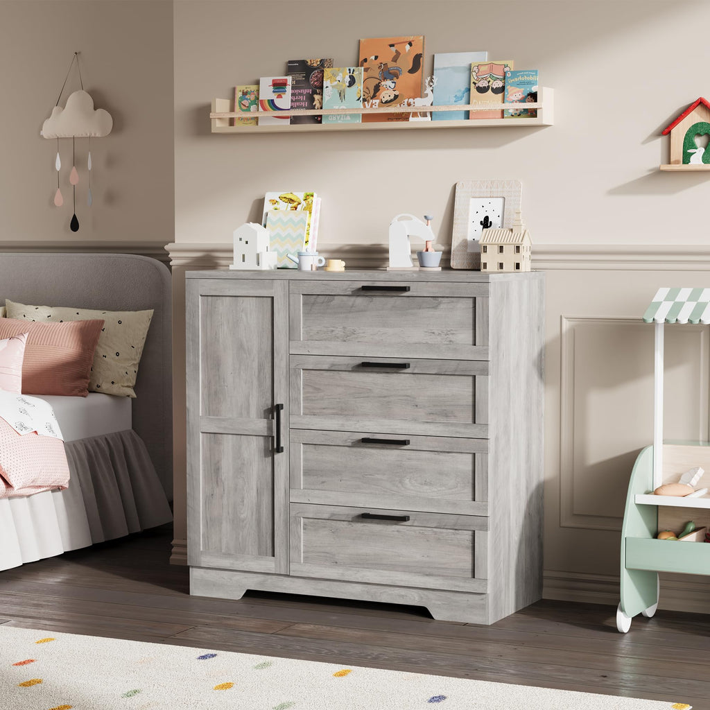 43.3'' H Armoire Wardrobe Closet with 4 Drawers and Hanging Rod, Multifunctional Wood 4 Drawers Dresser with Storage